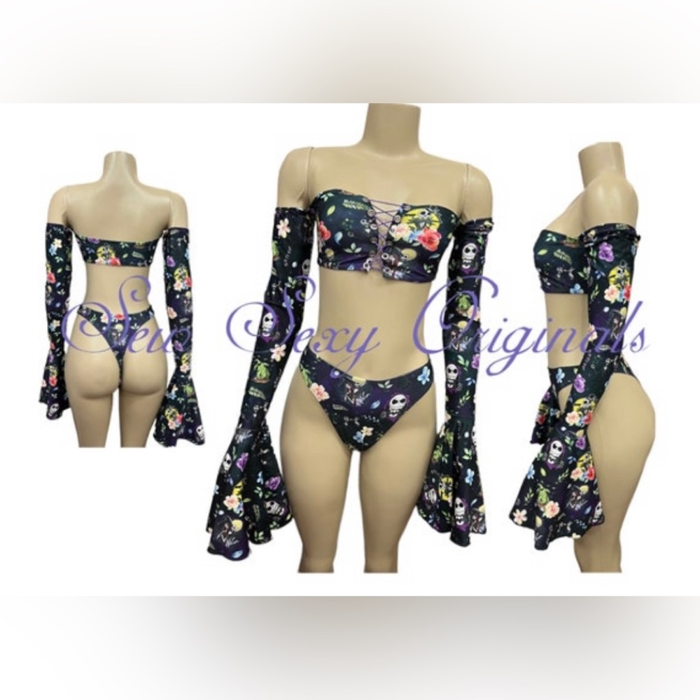 Exotic Dance Wear Stripper Wear Rave Bell Sleeve Top Set